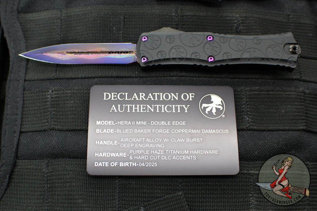 Microtech Hera II OTF Knife- MINI- Double Edge- Black Deep Logo Burst Handle- Blued Baker Forge Coppermai Damascus Blade- Purple HW 1702M-16 MS5