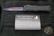 Microtech Hera II OTF Knife- MINI- Double Edge- Black Deep Logo Burst Handle- Blued Baker Forge Coppermai Damascus Blade- Purple HW 1702M-16 MS5