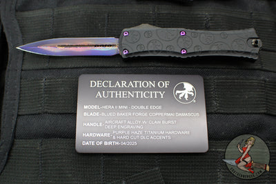 Microtech Hera II OTF Knife- MINI- Double Edge- Black Deep Logo Burst Handle- Blued Baker Forge Coppermai Damascus Blade- Purple HW 1702M-16 MS5