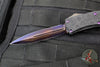 Microtech Hera II OTF Knife- MINI- Double Edge- Black Deep Logo Burst Handle- Blued Baker Forge Coppermai Damascus Blade- Purple HW 1702M-16 MS5