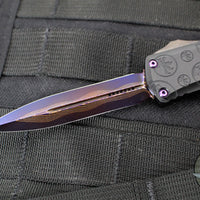 Microtech Hera II OTF Knife- MINI- Double Edge- Black Deep Logo Burst Handle- Blued Baker Forge Coppermai Damascus Blade- Purple HW 1702M-16 MS5