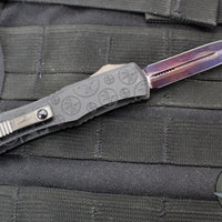 Microtech Hera II OTF Knife- MINI- Double Edge- Black Deep Logo Burst Handle- Blued Baker Forge Coppermai Damascus Blade- Purple HW 1702M-16 MS5