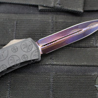 Microtech Hera II OTF Knife- MINI- Double Edge- Black Deep Logo Burst Handle- Blued Baker Forge Coppermai Damascus Blade- Purple HW 1702M-16 MS5