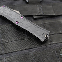 Microtech Hera II OTF Knife- MINI- Double Edge- Black Deep Logo Burst Handle- Blued Baker Forge Coppermai Damascus Blade- Purple HW 1702M-16 MS5