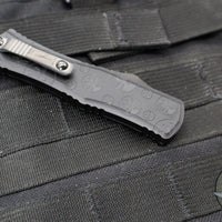 Microtech Hera II OTF Knife- MINI- Double Edge- Black Deep Logo Burst Handle- Blued Baker Forge Coppermai Damascus Blade- Purple HW 1702M-16 MS5