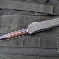 Microtech Hera II OTF Knife- MINI- Double Edge- Black Deep Logo Burst Handle- Blued Baker Forge Coppermai Damascus Blade- Purple HW 1702M-16 MS5