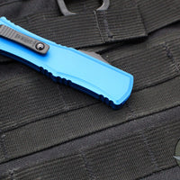 Microtech Hera II OTF Knife- MINI- Double Edge- Blue Handle- Black Plain Blade 1702M-1 BL