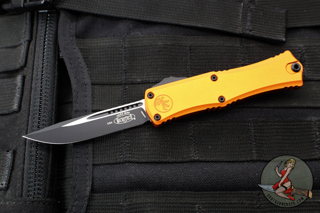 Microtech Hera II OTF Knife- MINI- Single Edge- Orange Handle- Black Blade 1703M-1 OR