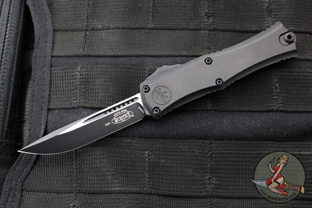 Microtech Hera II OTF Knife- MINI- Single Edge- Tactical- Black Handle- Black Blade 1703M-1 T