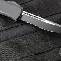 Microtech Hera II OTF Knife- MINI- Single Edge- Tactical- Black Handle- Black Part Serrated Blade 1703M-2 T