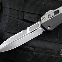Microtech Glycon OTF Knife- Bayonet Edge- Black Handle With Bead Blast Titanium Accents and Hardware- Apocalyptic Part Serrated Edge Blade 184-11 AP