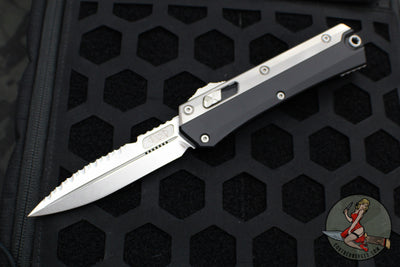 Microtech Glycon OTF Knife- Bayonet Edge- Black Handle With Bead Blast Titanium Accents and Hardware- Stonewash Part Serrated Blade 184-11