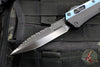 Microtech Glycon OTF Knife- Bayonet Edge- Black Handle With Blue Titanium Accents and Hardware- Black DLC Finished Serrated Upper Blade 184-2 DLCBL