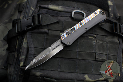 Microtech Glycon OTF Knife- Bayonet Edge- Black Handle With Tony Marfione Hand Flamed Titanium Accents and DLC Hardware- Black DLC Finished Serrated Upper Blade 184-2 DLCFA