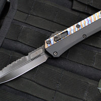 Microtech Glycon OTF Knife- Bayonet Edge- Black Handle With Tony Marfione Hand Flamed Titanium Accents and DLC Hardware- Black DLC Finished Serrated Upper Blade 184-2 DLCFA V1