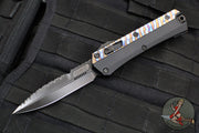 Microtech Glycon OTF Knife- Bayonet Edge- Black Handle With Tony Marfione Hand Flamed Titanium Accents and DLC Hardware- Black DLC Finished Serrated Upper Blade 184-2 DLCFA V1