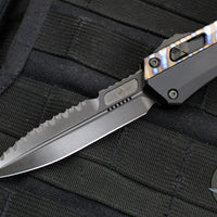 Microtech Glykon OTF Knife- Bayonet Edge- Black Handle With Tony Marfione Hand Flamed Titanium Accents and DLC Hardware- Black DLC Finished Serrated Upper Blade 184-2 DLCFA V1