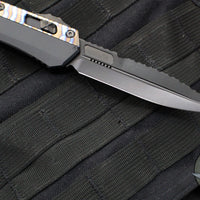 Microtech Glycon OTF Knife- Bayonet Edge- Black Handle With Tony Marfione Hand Flamed Titanium Accents and DLC Hardware- Black DLC Finished Serrated Upper Blade 184-2 DLCFA V1