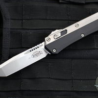 Microtech Glycon OTF Knife- Tanto Edge- Black Handle With Bead Blast Titanium Accents and Hardware- Stonewash Finished Blade 185-10