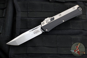 Microtech Glycon OTF Knife- Tanto Edge- Black Handle With Bead Blast Titanium Accents and Hardware- Stonewash Finished Blade 185-10