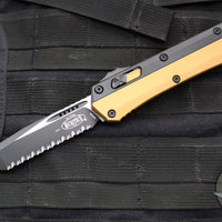 Microtech Glykon OTF Knife- Tanto Edge- Tan Handle With Black Finished Titanium Accents and Hardware- Black Finished Full Serrated Blade 185-3 TA