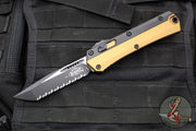 Microtech Glykon OTF Knife- Tanto Edge- Tan Handle With Black Finished Titanium Accents and Hardware- Black Finished Full Serrated Blade 185-3 TA