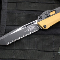 Microtech Glykon OTF Knife- Tanto Edge- Tan Handle With Black Finished Titanium Accents and Hardware- Black Finished Full Serrated Blade 185-3 TA