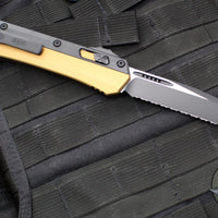 Microtech Glykon OTF Knife- Tanto Edge- Tan Handle With Black Finished Titanium Accents and Hardware- Black Finished Full Serrated Blade 185-3 TA