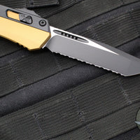 Microtech Glykon OTF Knife- Tanto Edge- Tan Handle With Black Finished Titanium Accents and Hardware- Black Finished Full Serrated Blade 185-3 TA