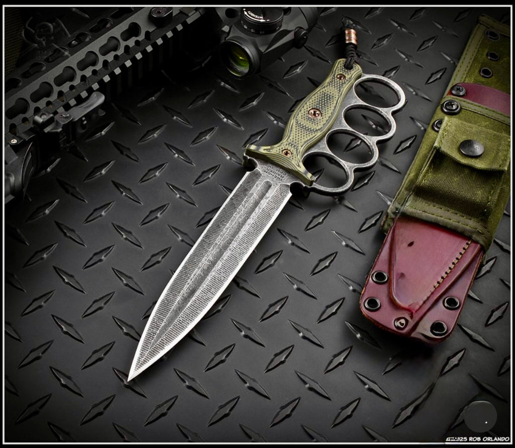 RMJ Trench Raider- Knuckle Duster Trench Knife! Acid Etched Finished- Dirty Olive G-10