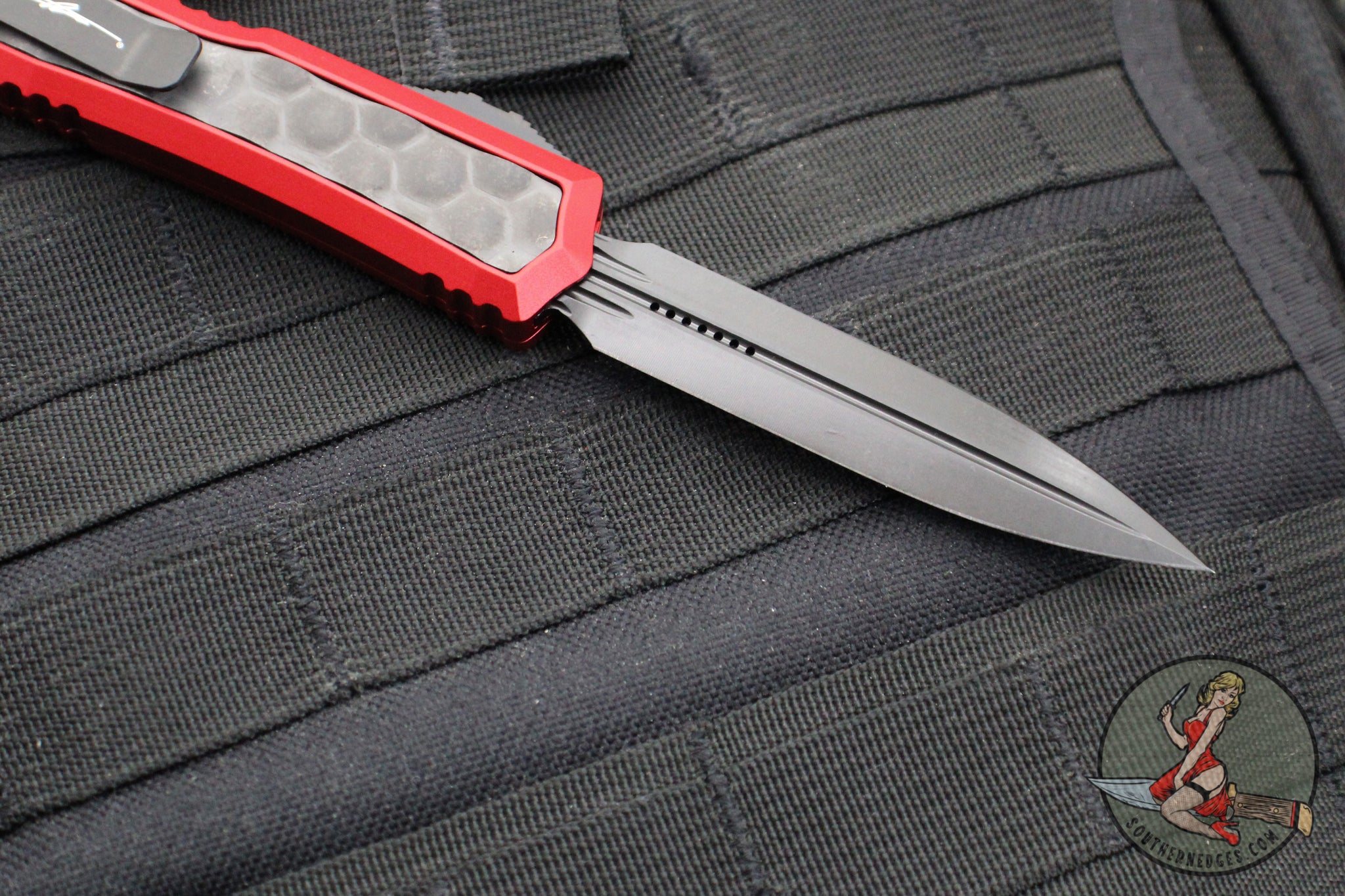 Microtech Makora- Double Edge- Red Handle- DLC Finished Bubble Inlay ...