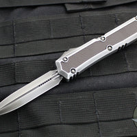 Microtech Makora- Double Edge- Mudhorn Edition- Silver Distressed Handle With Leather Inlay- Silver Distressed Plain Edge 206-1 MD