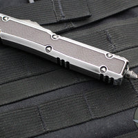 Microtech Makora- Double Edge- Mudhorn Edition- Silver Distressed Handle With Leather Inlay- Silver Distressed Plain Edge 206-1 MD