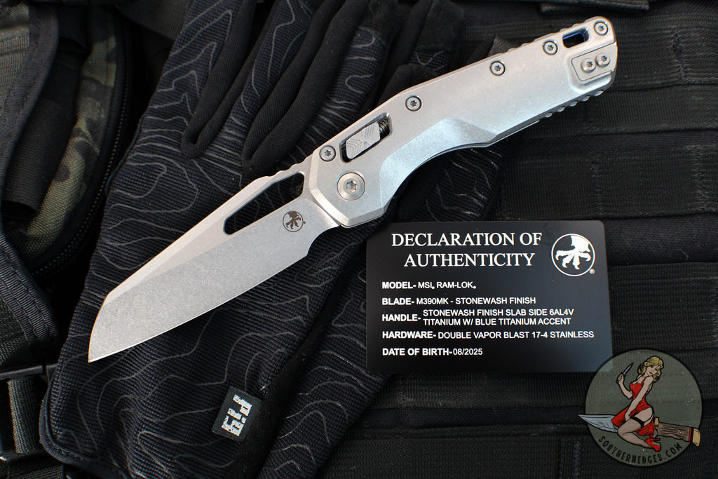 Marfione Select- M.S.I. Ram-Lok Folder- Smooth Stonewash Finished Titanium Handle- Stonewash Plain Edge Blade- Blue Backspacer 210-10 MS2