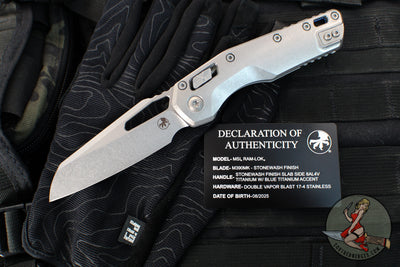 Marfione Select- M.S.I. Ram-Lok Folder- Smooth Stonewash Finished Titanium Handle- Stonewash Plain Edge Blade- Blue Backspacer 210-10 MS2