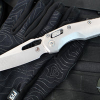 Marfione Select- M.S.I. Ram-Lok Folder- Smooth Stonewash Finished Titanium Handle- Stonewash Plain Edge Blade- Blue Backspacer 210-10 MS2
