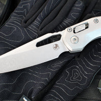 Marfione Select- M.S.I. Ram-Lok Folder- Smooth Stonewash Finished Titanium Handle- Stonewash Plain Edge Blade- Blue Backspacer 210-10 MS2