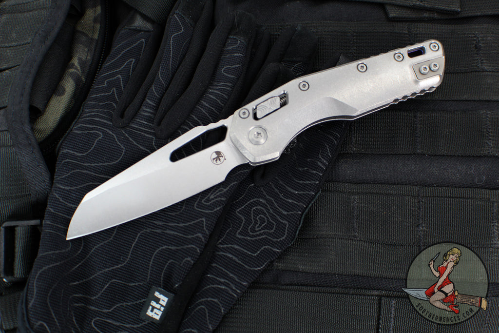 Marfione Select- M.S.I. Ram-Lok Folder- Smooth Stonewash Finished Titanium Handle- Stonewash Plain Edge Blade- Purple Backspacer 210-10 MS3