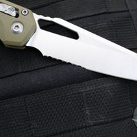 Microtech Knives- M.S.I. Ram-Lok Folder- "Lawnman" Series- Frag OD Green G-10 Handle- Stonewash Part Serrated Edge Blade 210-11 FRGTODLM