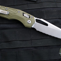 Microtech Knives- M.S.I. Ram-Lok Folder- "Lawnman" Series- Frag OD Green G-10 Handle- Stonewash Full Serrated Edge Blade 210-12 FRGTODLM