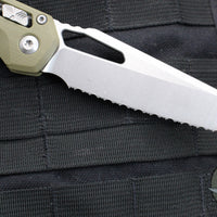 Microtech Knives- M.S.I. Ram-Lok Folder- "Lawnman" Series- Frag OD Green G-10 Handle- Stonewash Full Serrated Edge Blade 210-12 FRGTODLM