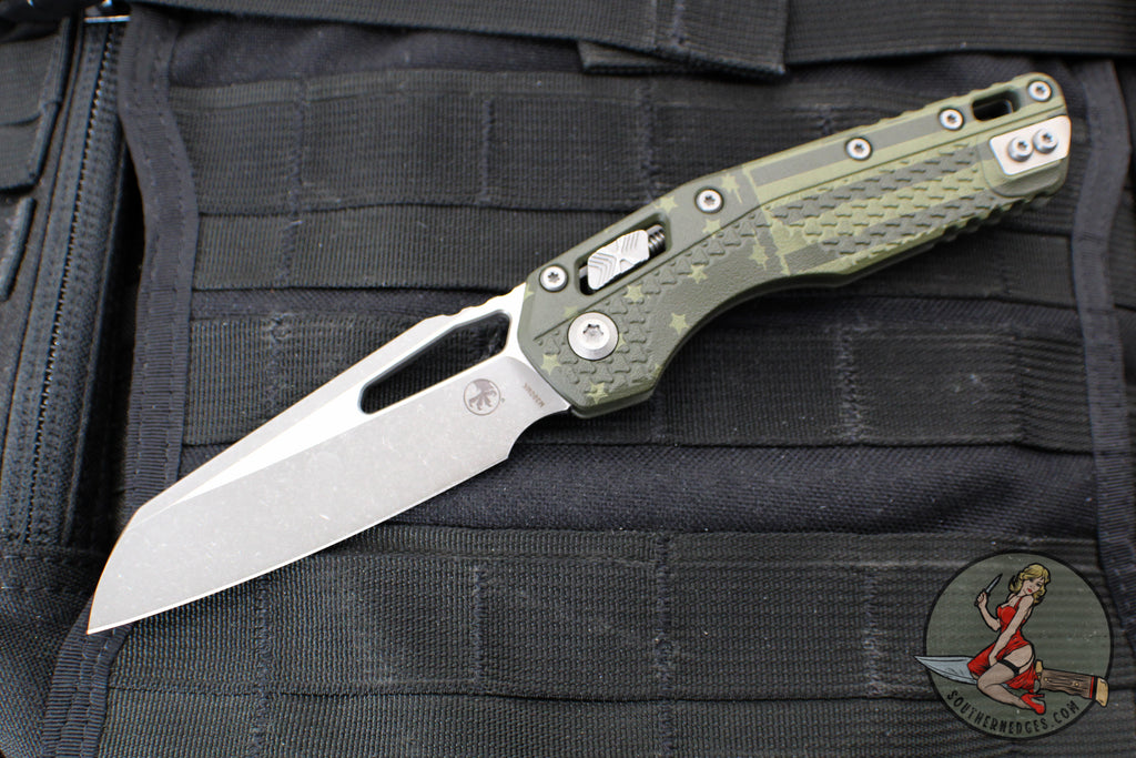 Microtech Knives- M.S.I. Ram-Lok Folder- OD Green Tri-Grip Injection Molded Handle- Flag Graphic- Apocalyptic Plain Edge Blade 210T-10 APPMODFLAG