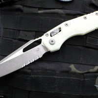 Microtech Knives- M.S.I. Ram-Lok Folder- White Tri-Grip Injection Molded Handle- Apocalyptic Part Serrated Edge Blade 210T-11 APPMWH