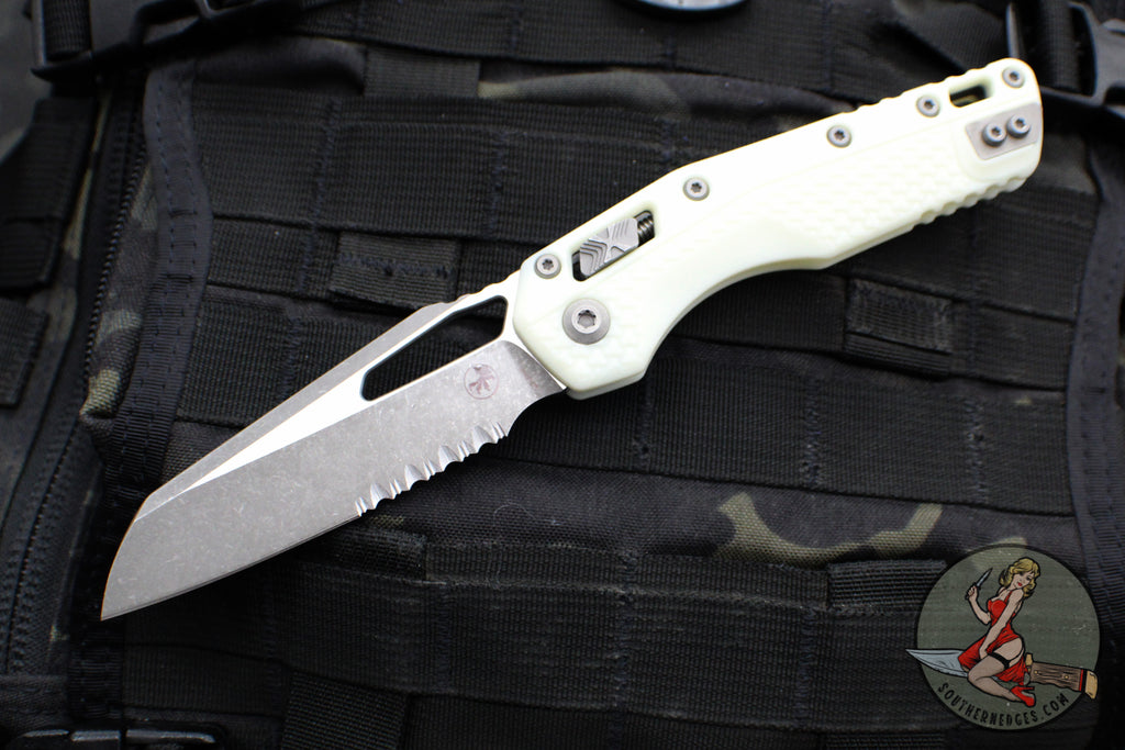 Microtech Knives- M.S.I. Ram-Lok Folder- White Tri-Grip Injection Molded Handle- Apocalyptic Part Serrated Edge Blade 210T-11 APPMWH