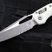 Microtech Knives- M.S.I. Ram-Lok Folder- White Tri-Grip Injection Molded Handle- Apocalyptic Part Serrated Edge Blade 210T-11 APPMWH