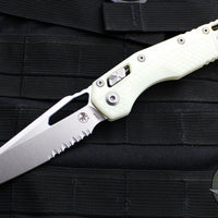 Microtech Knives- M.S.I. Ram-Lok Folder- White Tri-Grip Injection Molded Handle- Stonewash Part Serrated Edge Blade 210T-11 PMWH