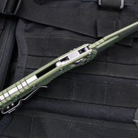 Microtech Knives- M.S.I. Ram-Lok Folder- Vintage Green Tri-Grip Injection Molded Handle- Cerakoted Vintage Green Plain Edge Blade- Apocalyptic Hardware 210T-1 PMCVG