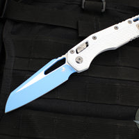 Microtech Knives- M.S.I. Ram-Lok Folder- White Tri-Grip Injection Molded Handle- Sky Blue Plain Edge Blade 210T-1 PMCWH-Y7