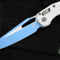 Microtech Knives- M.S.I. Ram-Lok Folder- White Tri-Grip Injection Molded Handle- Sky Blue Plain Edge Blade 210T-1 PMCWH-Y7