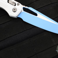 Microtech Knives- M.S.I. Ram-Lok Folder- White Tri-Grip Injection Molded Handle- Sky Blue Plain Edge Blade 210T-1 PMCWH-Y7